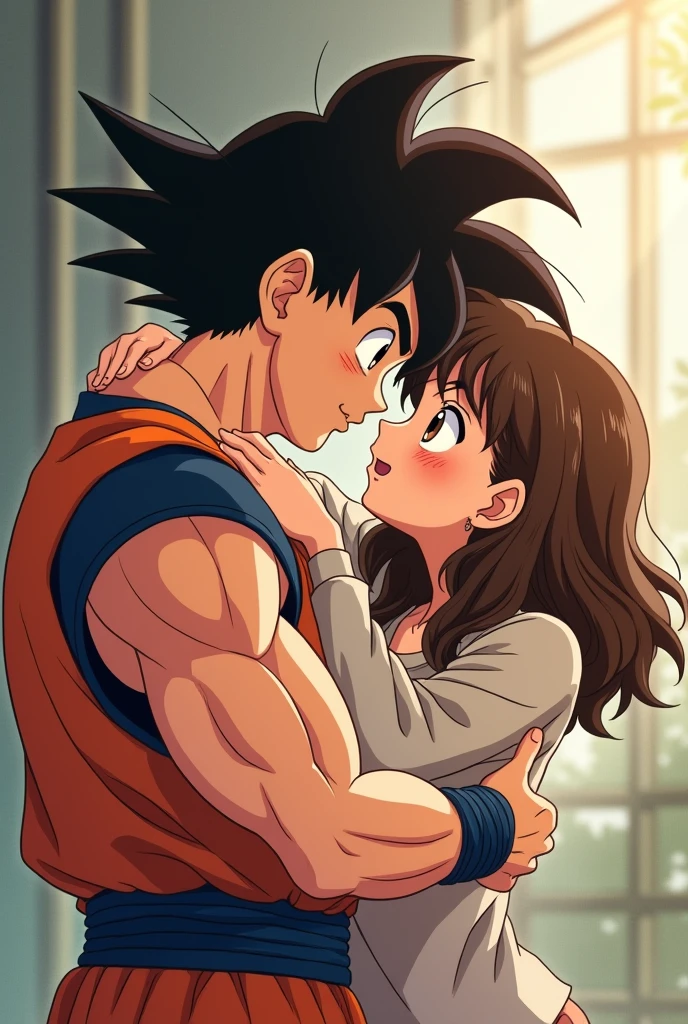 anime style, Goku hugging a girl with wavy brown hair at waist level, Brown eyes, with black contour lenses, It reaches the height under Goku's chin, looking at each other Toriyama style