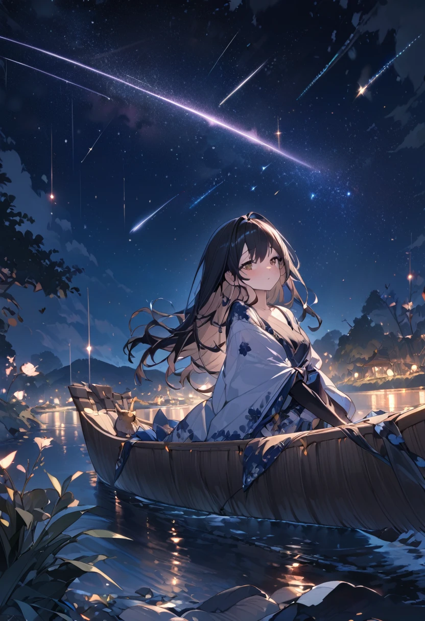 Highest quality, Highest quality, 16K, Unbelievably absurd, Very detailed, 2.5D, delicate and dynamic,pale,night,Fantasy,Perseid meteor shower