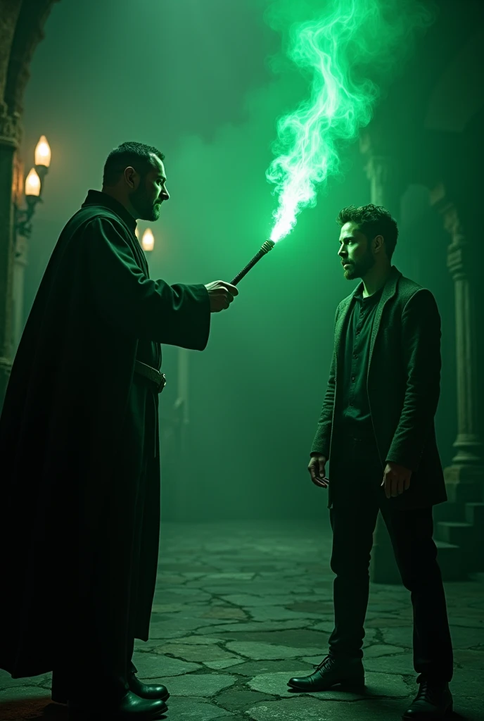 a man pointing a wand at another and from the tip of the wand a flash of green light comes out and hits the other man