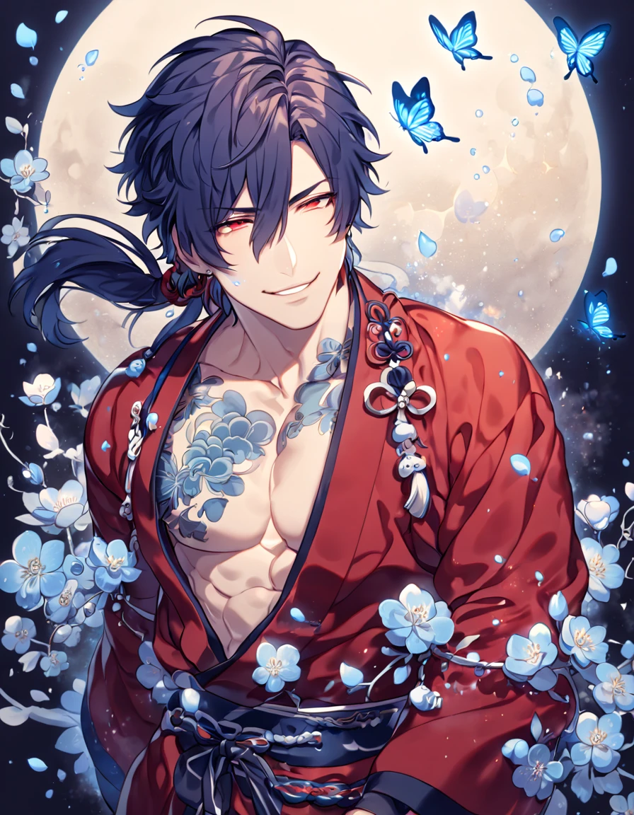 absurdres, highres, ultra detailed, HDR, master piece, best quality, extremely detailed, Koujaku, dark navy hair that is short and a little chopped at the top, has a thick fringe over the right side of his face and keeps the rest tied, expressive red eyes, Dramatical Murder, solo, sexy man, handsome, handsome smile, manly man, sensual, horny, red kimono, patterns, fantasy, magical, blue moon, blue flowers, blue butterflies, blue petals, blossoms, water