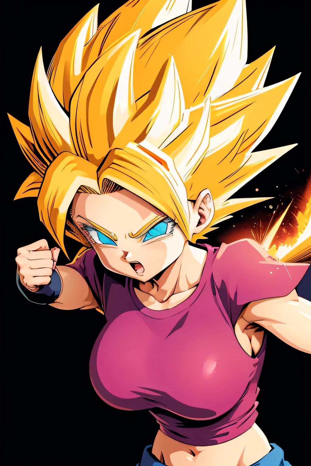 Kizi, short-hair, super saiyan, dragonball z, 80s style, アニメ, big boobies, white background, best qualityer, work of art,