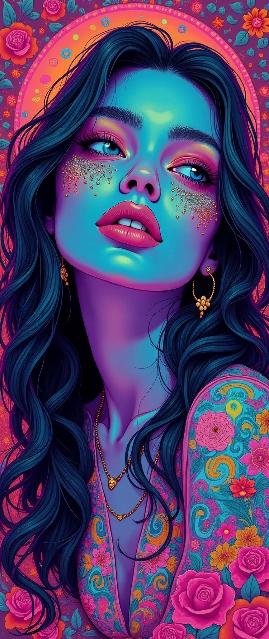 (masterpiece:1.2),(Highest quality),(Super detailed),(Ultra-high resolution),(Best illustrations),8k,wallpaper,(1 female),whole body,(Woman illustration,psychedelic,Neon color,Vector art,Layered textures,progressive),(Detailed hand drawing:1.5)