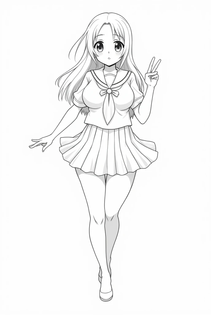 Girl, voluptuous, lineart, sailor moon, peace pose