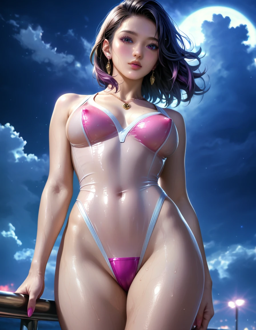score_9, score_8_superior, score_7_superior, High resolution 3D anime style,A masterpiece in 32K resolution,Highest quality,it is really amazing,Very detailed,Ultra-high resolution,Ultra-realistic,Realistic,Increased depth of field,Cinematic lighting,
Sexy mature Japan woman,
black straight medium hair,Ultra-detailed and beautiful face,Calm expression,Translucent white skin,Realistic skin texture,Great proportions,
High leg swimsuit,
Luxurious design,Chic color scheme,Beautifully detailed decoration,Detailed fabric texture,
Gorgeous necklace,Earrings,
Dark skies before the storm,Dark clouds covering the dark sky,Thunderclouds rolling in,Coastline at night,Stormy seas,delay々A desolate sandy beach that continues,
dramatic,Low - Angle,