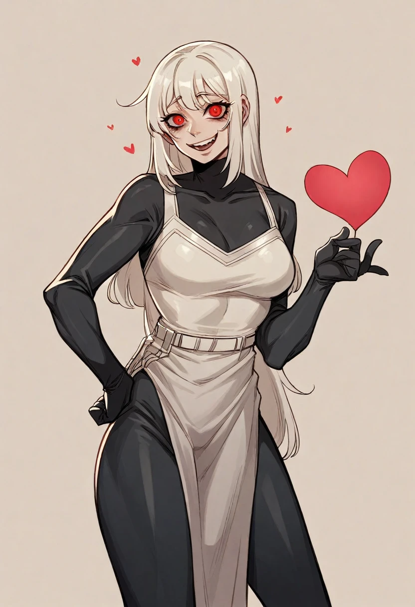 a drawing of a woman with a white top and a red heart, holding a modest pose, outlined!!!, thick linear, lineal simple, asuka suit under clothes!, thick outline, thick black linear, perfect linear, Yandere. high, Yandere gapmoe, hand on hips, sexy pudica pose gesture