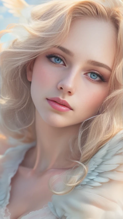 (Highest quality,High resolution,masterpiece:1.2),Very detailed,(Realistic,Realistic,Realistic:1.37),(Highest quality,High resolution), (whole body:1.4), angel of heaven, A beautiful angel looking down gently,(Perfectly toned body:1. 4), Glowing golden eyes, Long eyelashes, Wavy blonde hair, Breathtakingly beautiful (Perfect Nude, Moisturized Skin, Small breasts, Beautiful nipples, Beautiful pubic hair: 1. 4), Angel Halo, Slightly larger angel wings, Sun, blue sky and clouds background, Soft and calming colors, A gentle breeze, Bright and atmospheric lighting, Transcendent, Otherworldly atmosphere, (Browsing Caution: 1.4).