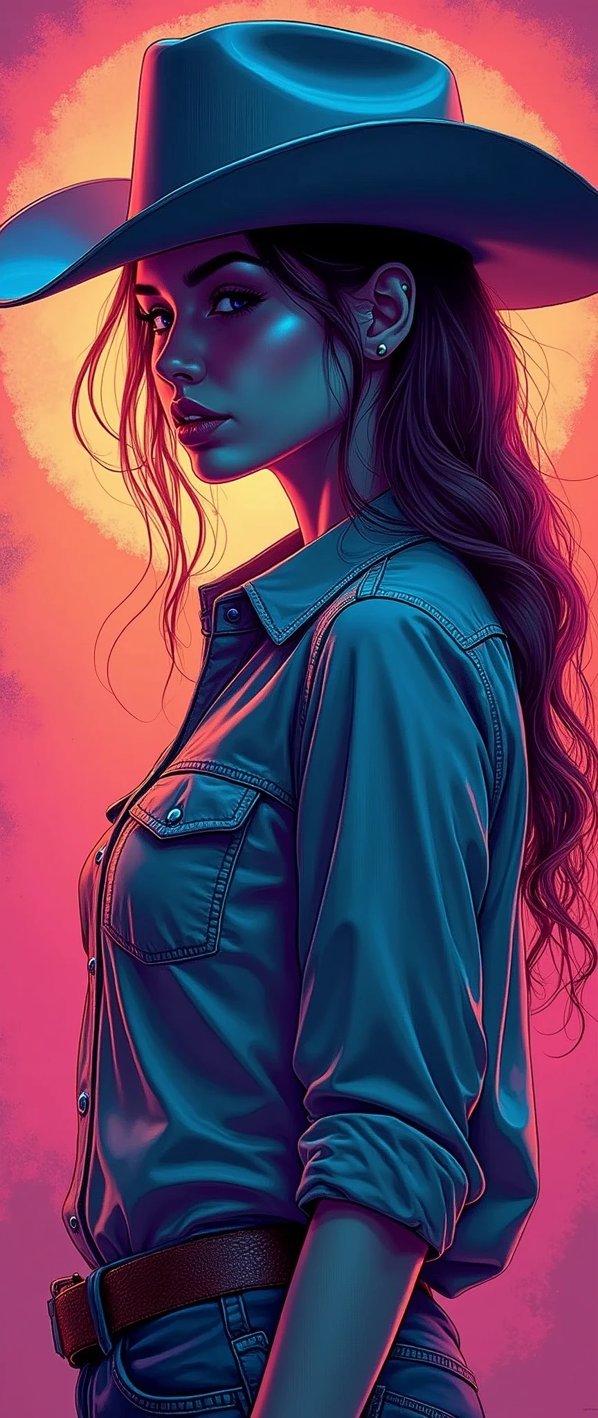 (masterpiece:1.2),(Highest quality),(Super detailed),(Ultra-high resolution),(Best illustrations),8k,wallpaper,(1 female),whole body,(Female illustration,3d,psychedelic,Neon color,Vector art,Layered textures),(cowboy),(Detailed hand drawing:1.5)