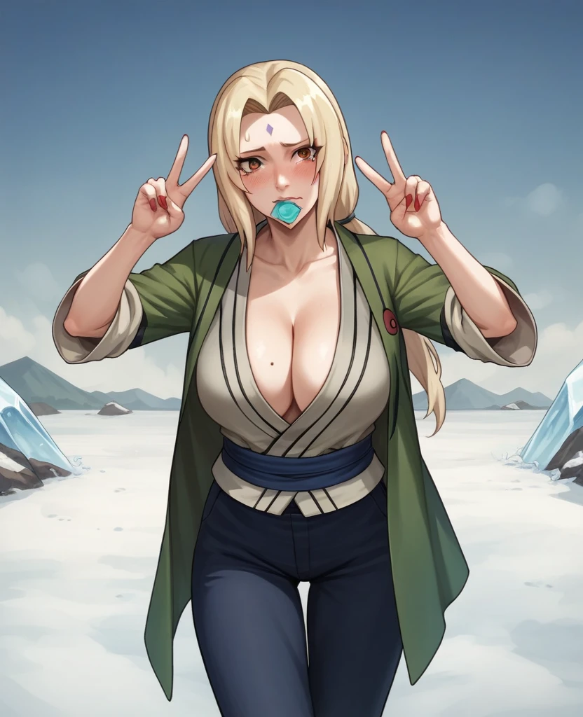 score_9, score_8_up, score_7_up, score_6_up, score_5_up, score_4_up, BREAK ,1girl,upper body,Condom in mouth, double V gesture,blush,tears in eyes,embarrassed,tsunade_(naruto), 1girl,black_pants, blonde_hair, breasts, brown_eyes, cleavage, coat, forehead yewel, naked large_breasts, long_hair,nail_polish, ninja, pants, red_nails, shirrose,dark_background,  flower, ice_flower, icicle,