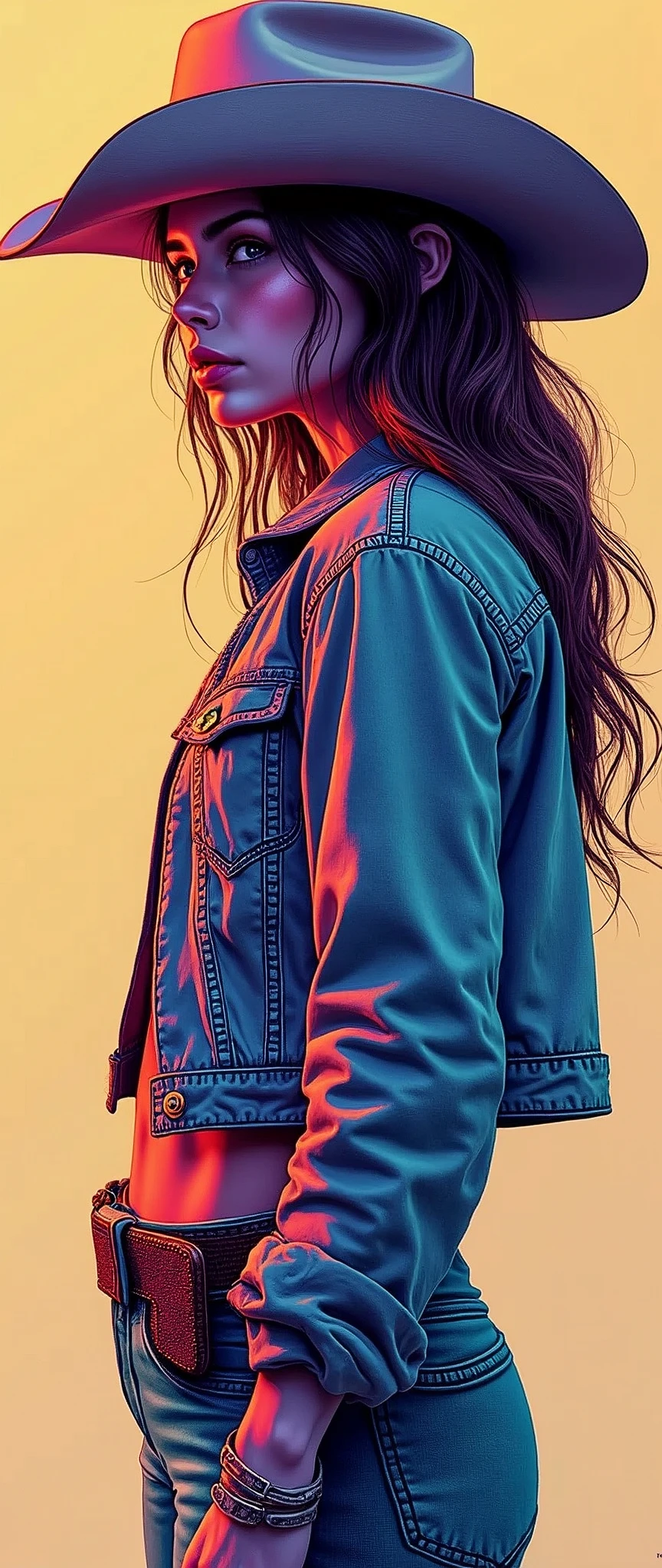 (masterpiece:1.2),(Highest quality),(Super detailed),(Ultra-high resolution),(Best illustrations),8k,wallpaper,(1 female),whole body,(Female illustration,3d,psychedelic,Neon color,Vector art,Layered textures),(cowboy),(Detailed hand drawing:1.5)