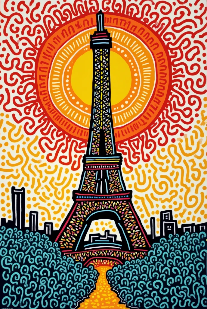 Keith Haring colorful style, impressionism, Childe Hassam, Ramon Casas, John Atknson Grimshaw, Yuriy Shevchuk, eiffle tower