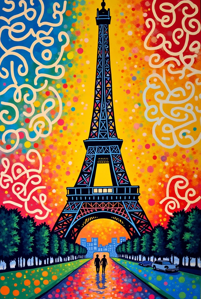 Keith Haring colorful style, impressionism, Childe Hassam, Ramon Casas, John Atknson Grimshaw, Yuriy Shevchuk, eiffle tower