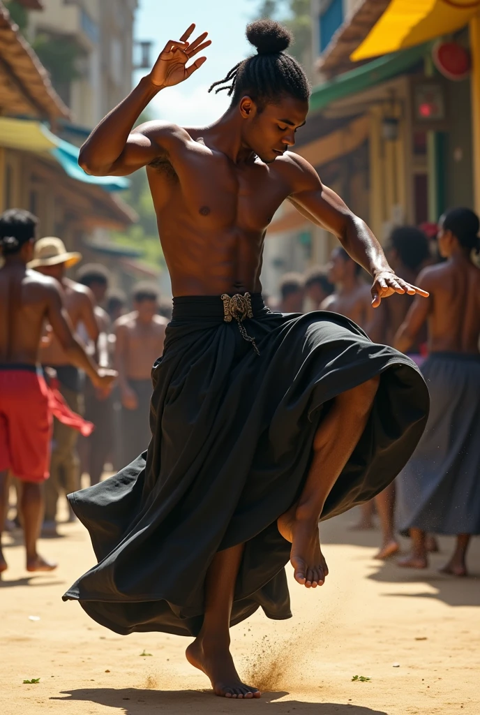 A capoeira player with a black abada
