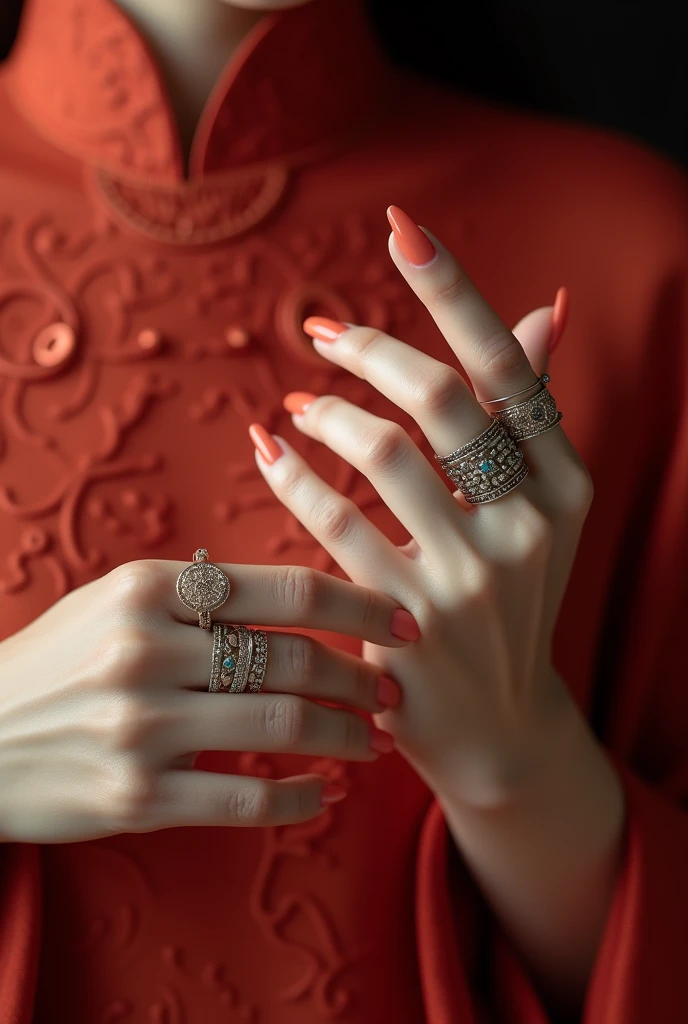 a Chinese Female, a woman's hand, long slender fingers, delicate and graceful fingers, perfectly manicured nails, slim fingers, elegant hands, dainty and feminine fingers, fingers with intricate patterns, fingers with ornate rings (best quality, highres), soft and smooth skin, fingers with a gentle touch, fingers with a sense of precision and control, fingers with a hint of mystery (portraits, fine art), warm and vibrant colors (rgb), soft and diffused lighting