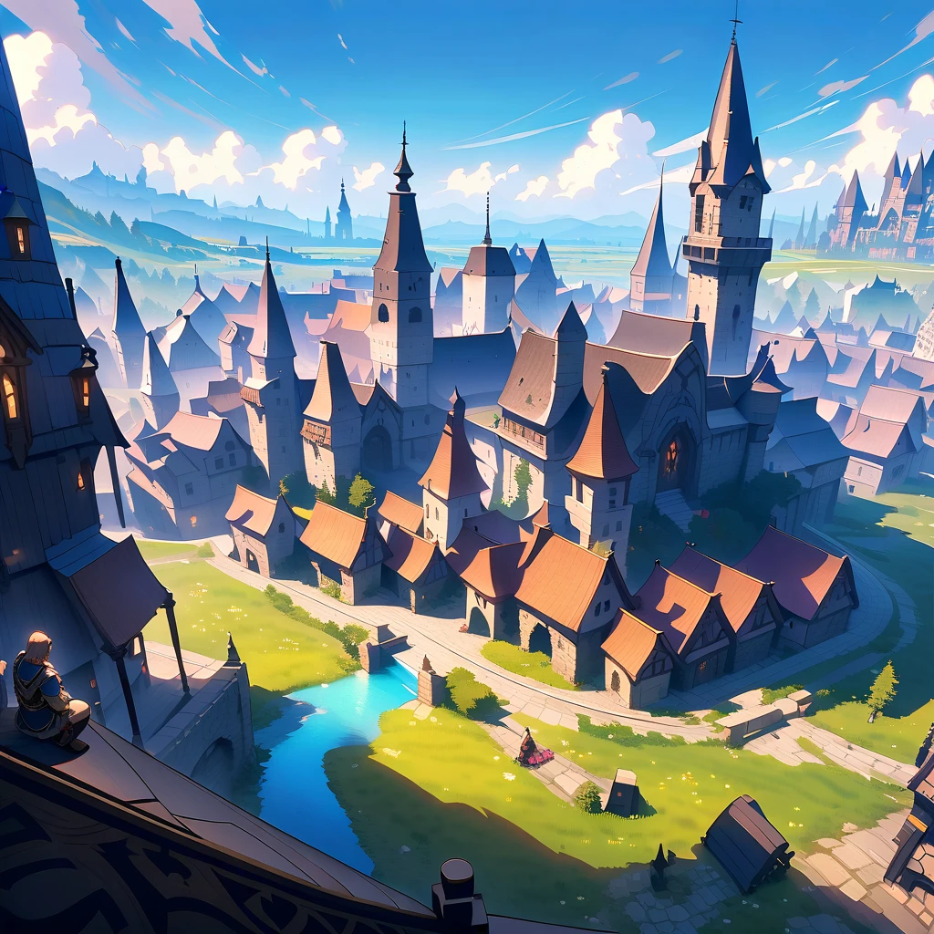 Overlooking the enchanted blue village
In the foreground, two figures with black outlines are closely situated: Lyra and Jack. Lyra is kneeling with her head slightly bowed, while Jack lies on his back with his head resting gently on her knees. They face a grand, fantasy medieval village in the distance, which has a distinctive blue concrete look. The village, brightly lit and expansive, dwarfs the small, closely positioned figures of Lyra and Jack. The focus is on the massive, fantastical medieval village with its unique blue concrete appearance.