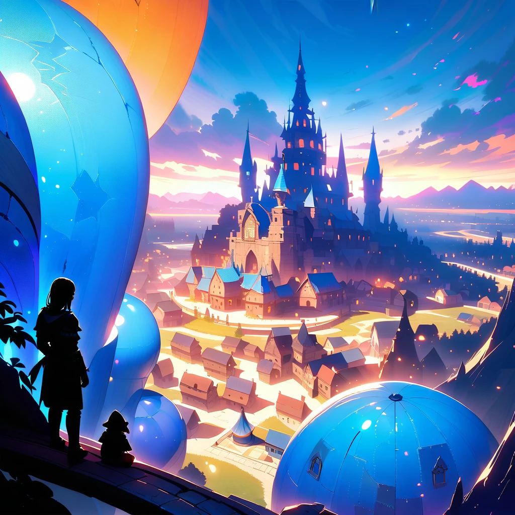 Overlooking the enchanted blue village
In the foreground, two figures with black outlines are closely situated: Lyra and Jack. Lyra is kneeling with her head slightly bowed, while Jack lies on his back with his head resting gently on her knees. They face a grand, fantasy medieval village in the distance, which has a distinctive blue concrete look. The village, brightly lit and expansive, dwarfs the small, closely positioned figures of Lyra and Jack. The focus is on the massive, fantastical medieval village with its unique blue concrete appearance.
