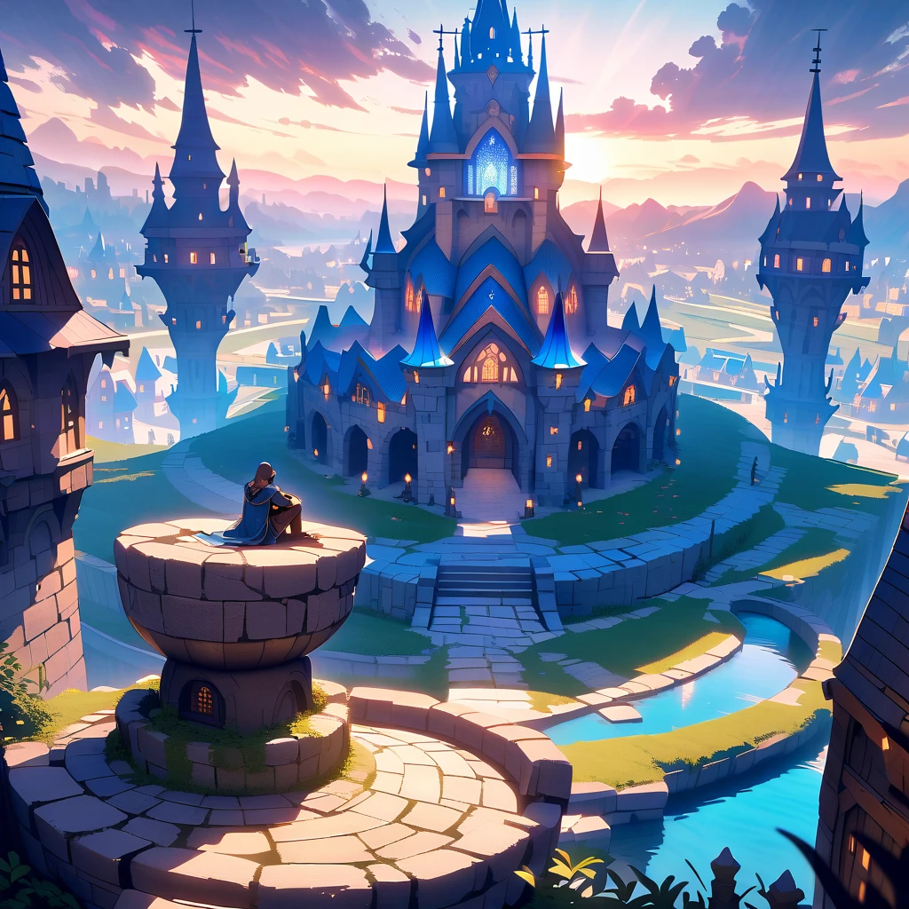 Overlooking the enchanted blue village
In the foreground, two figures with black outlines are closely situated: Lyra and Jack. Lyra is kneeling with her head slightly bowed, while Jack lies on his back with his head resting gently on her knees. They face a grand, fantasy medieval village in the distance, which has a distinctive blue concrete look. The village, brightly lit and expansive, dwarfs the small, closely positioned figures of Lyra and Jack. The focus is on the massive, fantastical medieval village with its unique blue concrete appearance.
