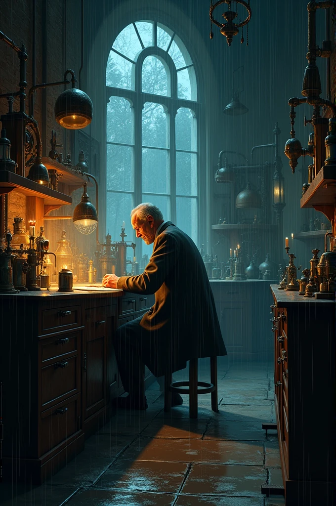 On a rainy and gloomy night, the brilliant scientist Dr.. Cornelius Finchley was absorbed in his experiments in the secret laboratory of his Victorian mansion.. The dim candlelight added a mysterious air to the room., while he worked on his fantastic machines