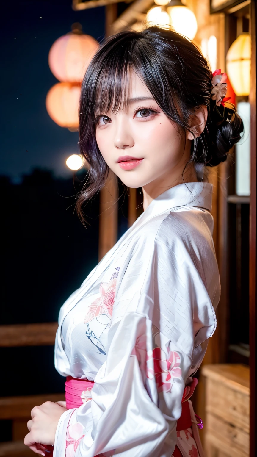(logo、masterpiece、8k、Tabletop、RAW Photos、wonderful、最high quality、フォトリアリスティックでVery detailedな CG 複合 8k 壁紙、high quality、Very detailed、Narrative poem、Particle Effects、Dynamic Effects、Depth of the Boundary、Cinematic Light、Lens flare、Ray Tracing)、 (One beautiful woman wearing a yukata、White yukata、Light purple pattern)、Black-haired、High definition skin、Very fine、Fine skin texture、Beautiful Face、True Face、Beautiful details in the eyes、Realistic eyes、Beautifully detailed eyes、Realistic Skin、Beautiful Skin、Surreal、Smiling Eyes、Hair and light eyes、vivid、Colorful lights and bokeh、plump lower lip、Pink Lips、Hair flutters in Wind、Hair bounces、wonderful景色、night、evening、Wind、moonlight、moonlight、light
