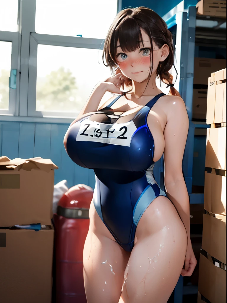 nsfw:1.5,Highest quality、In 8K、masterpiece、Hmph、Ultra-high resolution、RAW Photos、(Realistic:1.3)、Natural soft light、(Written boundary depth)、thin、(whole body:1.2)、From behind、Detailed face and eyes、Realistic、Sharp pupils、Inside the warehouse、Young Face、High school girls、Beautiful 17 year old girl、Glowing Skin、(Braid:1.2)、Beautiful brown hair、Red Eye、(blush:0.7)、((Embarrassed face:1.2,blush:1.8))、Sweat、((Blue slingshot swimsuit:1.8)、(Thighs Thighs Thighs Thighs:0.8))、((Huge Breasts:1.8)、Erect nipples)、(Small Nose、Small Nose)、Attractive waist、(Overflowing sexual fluid:1.5)、Sweat:1.1、(camel toe:1.5)、showing off nipples、Dynamic pose:1.5、(I want to see up to my knees:1.2)