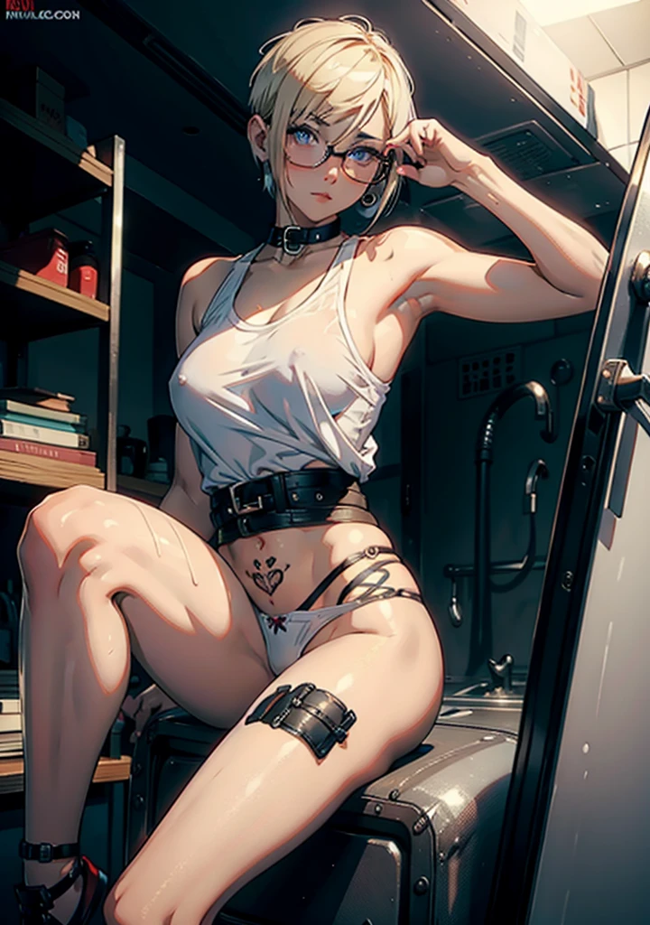 ((NSFW:1.2)),young woman, riley nixon haircut, shaved hair, blonde hair, very short hair, bald, white tank t-shirt shirt, red moon tattoo, right arm tattooed, wearing glasses, blonde hair, riley nixon haircut, lipstick Black, , Looking at the viewer, 4k