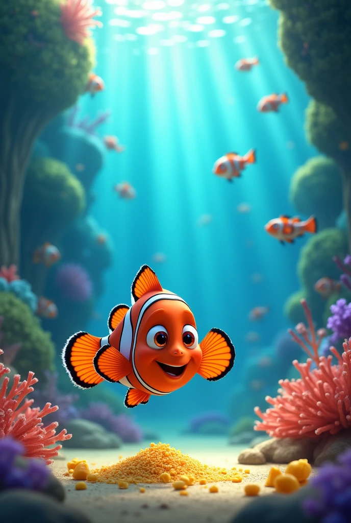 Nemo looking for grated cheese inside the aquarium with water
