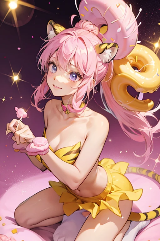 Bites is a yellow donut-shaped GIRL tiger with a pink undercoat and tail, lilac ears and paws, and pink icing and sprinkles. SPARKLE; GLITTER