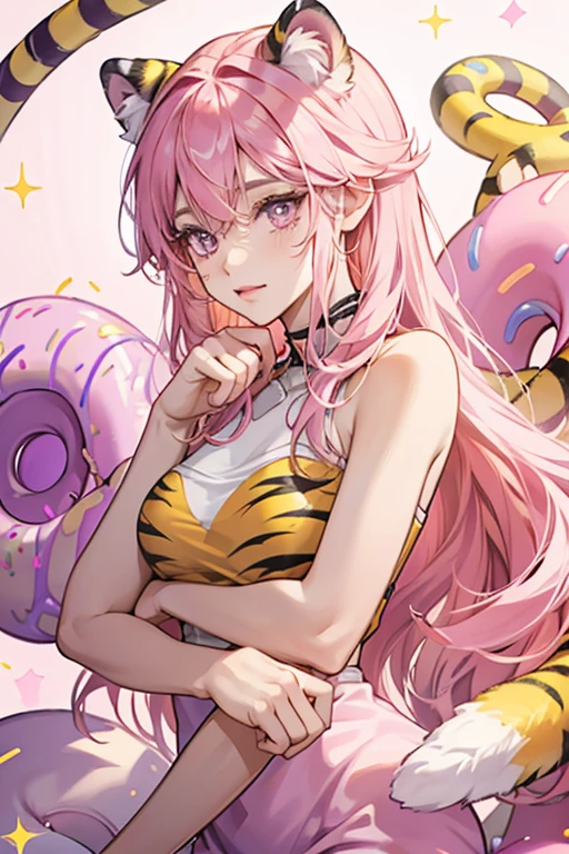Bites is a yellow donut-shaped GIRL tiger with a pink undercoat and tail, lilac ears and paws, and pink icing and sprinkles. SPARKLE; GLITTER