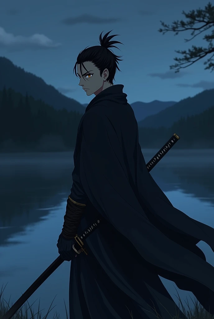 Create an image of a slightly muscular 23 year old white male with black hair, just like Miyamoto Musashi from Vagabond, brown eyes in anime style, looking tired and angry, com altura de 1.80 meters, wearing light black clothes covering the body and a cape, holding a katana near a lake at night