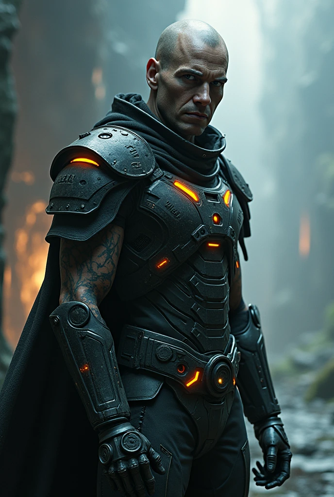 A highly detailed, photorealistic portrait of a futuristic warrior after a battle, 8k, masterpiece, striking pose, intense gaze, battle-worn armor, glowing cybernetic enhancements, dramatic lighting, cinematic atmosphere, moody color palette, chiaroscuro lighting, hyper-realistic skin textures, intricate details, volumetric fog, dramatic shadows, epic science fiction, concept art style
