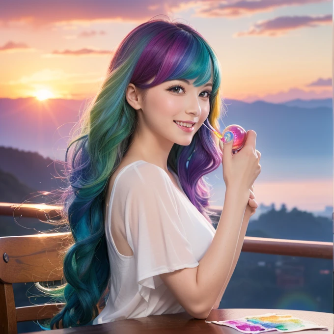 (Tabletop, Highest quality, Highest quality, Watercolor (Moderate), Official Art, beautifully、aesthetic: 1.2), (1 girl: 1.3), (Fractal Art: 1.3), morning, good morning, smile, sunny day, Hilarious, Viewer, pattern, Wave, (Rainbow Hair, colorful hair: 1.2), Sky , gas, cloud, colorful, Soap bubble