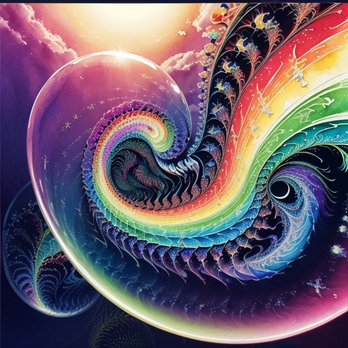 (Tabletop, Highest quality, Highest quality, Watercolor (Moderate), Official Art, beautifully、aesthetic: 1.2), (1 girl: 1.3), (Fractal Art: 1.3), morning, good morning, smile, sunny day, Hilarious, Viewer, pattern, Wave, (Rainbow Hair, colorful hair: 1.2), Sky Porn, gas, cloud, colorful, Soap bubble