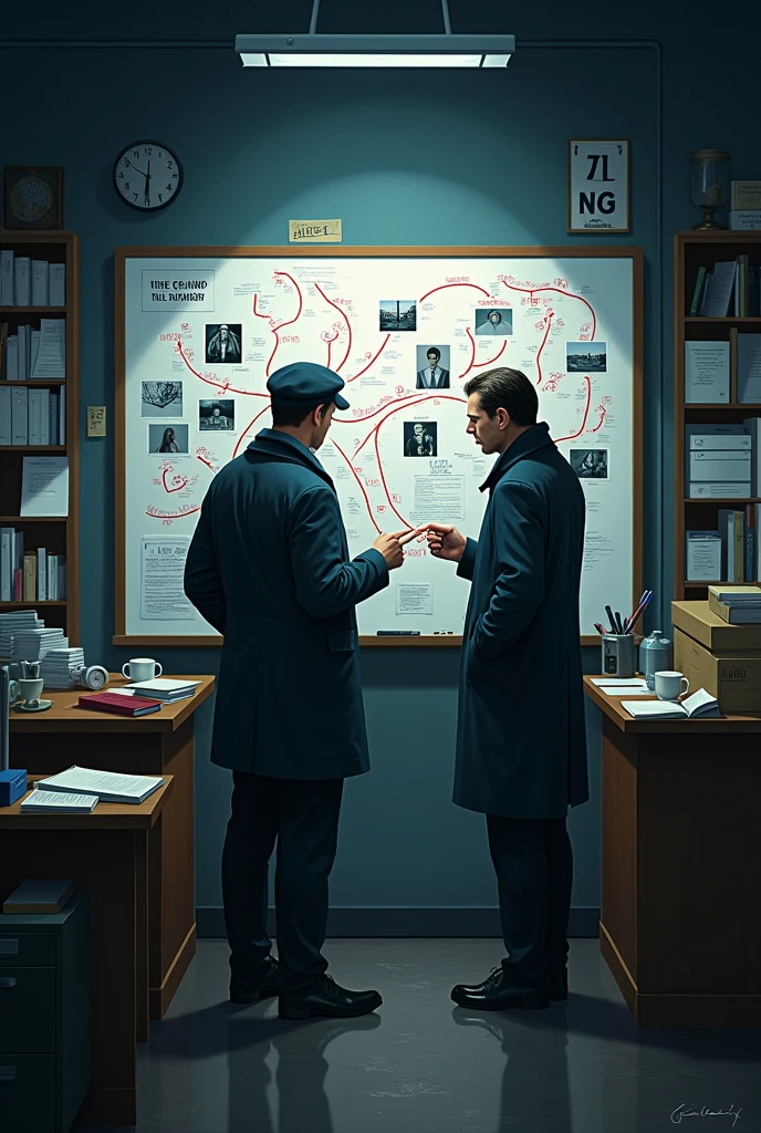 Detective and his partner with a whiteboard with photos of tying up the clues