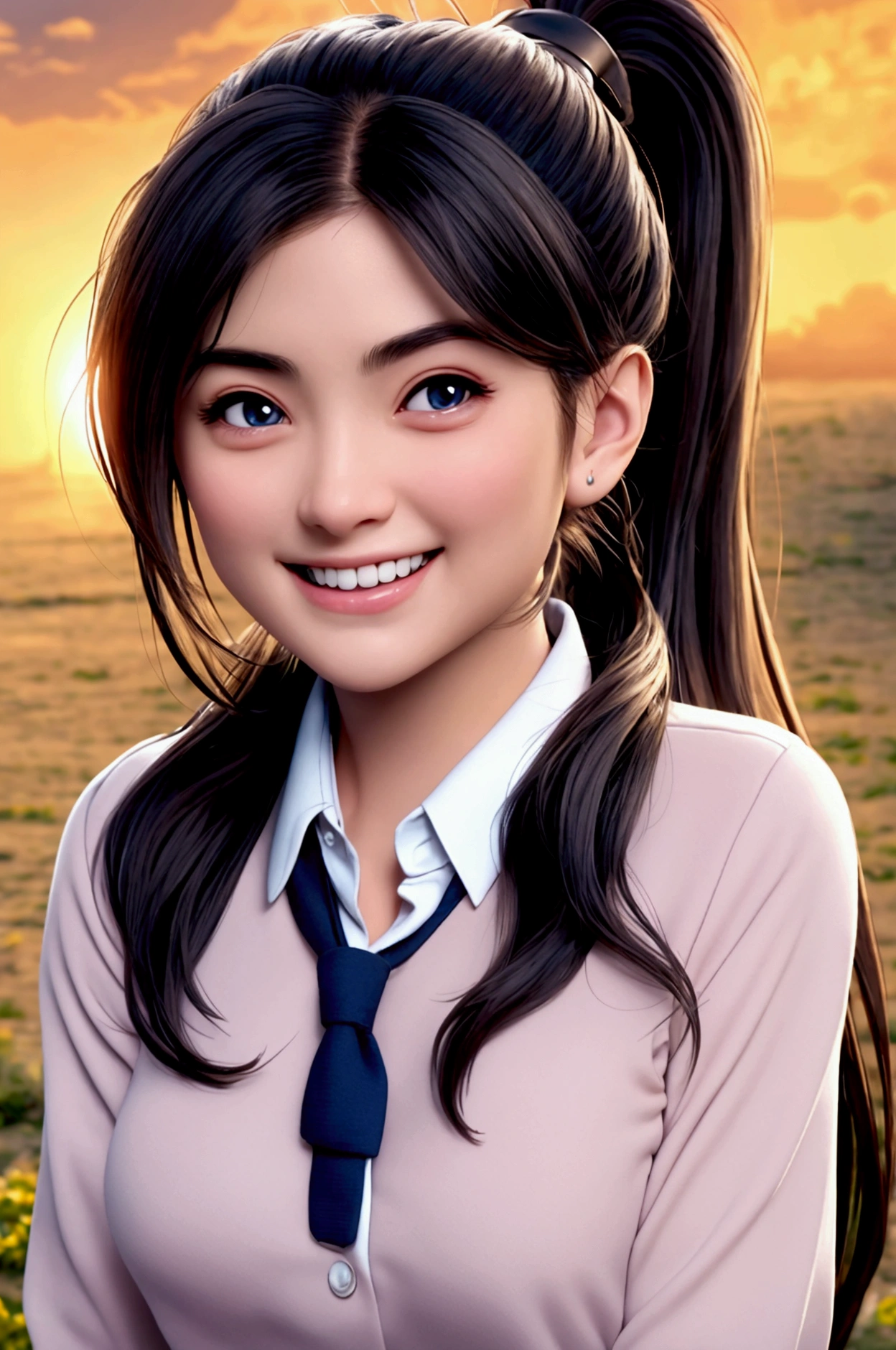 ((masterpiece)), (8k, high_resolution), (distinct_image), (best quality), (sunshine, face on light), (face on light:1.1), (meitantei conan (style), detecive conan (style), meitantei conan), solo, beautiful eyes and detailed face, ((1girl, solo)), medium breasts, wide hip, (abs:0.8), ((school uniform)), (ponytail), (blush, happy, happy smile, laughing), 