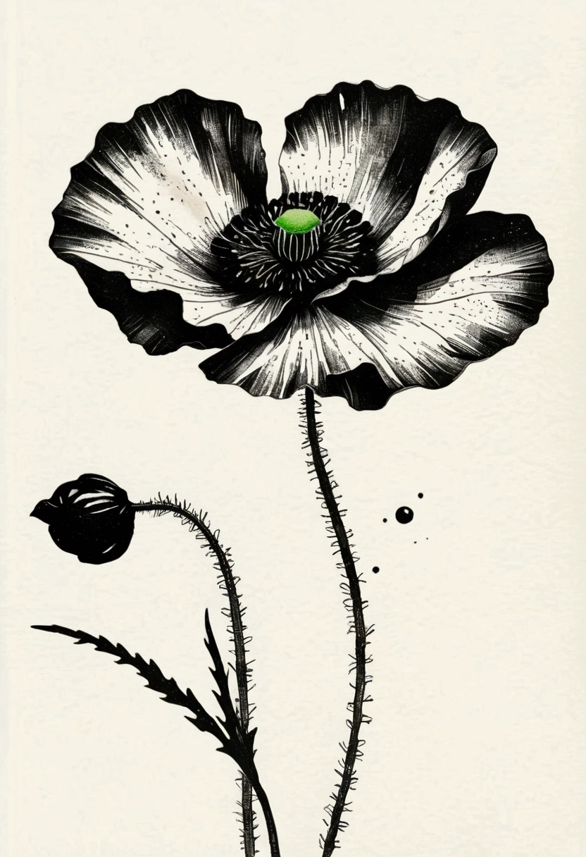 Pen drawing poppy,Dot,Minimalism,(((Negative Space:2,Large area of blank:2, Bottom left corner composition)))。niji6 style