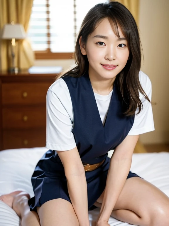 (Masterpiece, Best quality: 1.4), (Ultra realistic, Photo-realistic: 1.2), Full body, (kneeling:1.2), Natural light, 25 years old actress, Japanese women, Neat and clean, School, (Sailor suit:1.2), (Navy pleated skirt:1.2), (ponytail:1.2), Light brown hair color, (Beautiful Face), Oval face, clear, (Beautiful eyes, Kind eyes), (Clear skin), Small face, (Small mouth, Beautiful mouth), Natural makeup, Approachable, Luxury hotel Suite room, On bed, (nsfw:1.2), Seductive smile, (Seductive pose:1.2), (Beautiful thighs:1.2), Bedroom eyes,
