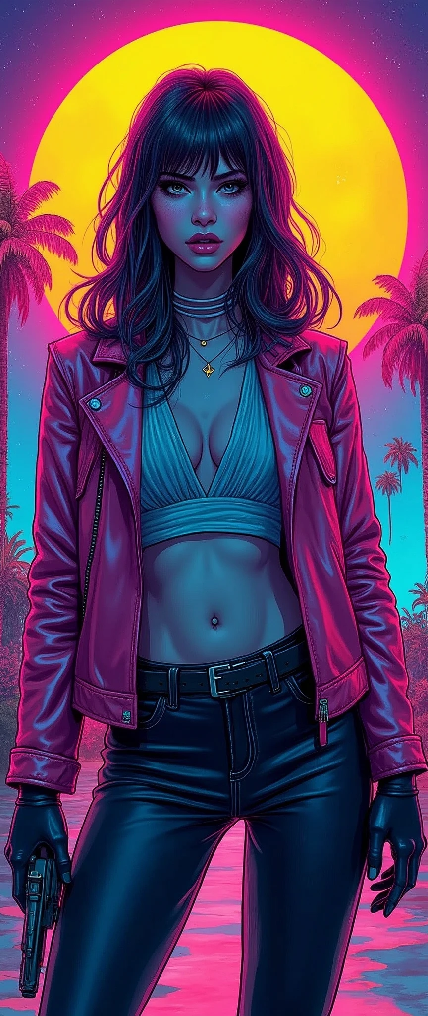 Retrowave bikini models, pole dance, stickers, sharp focus, detailed, comics, graffiti, ink, graphics, golden ratio composition, rich colors, design for t-shirt