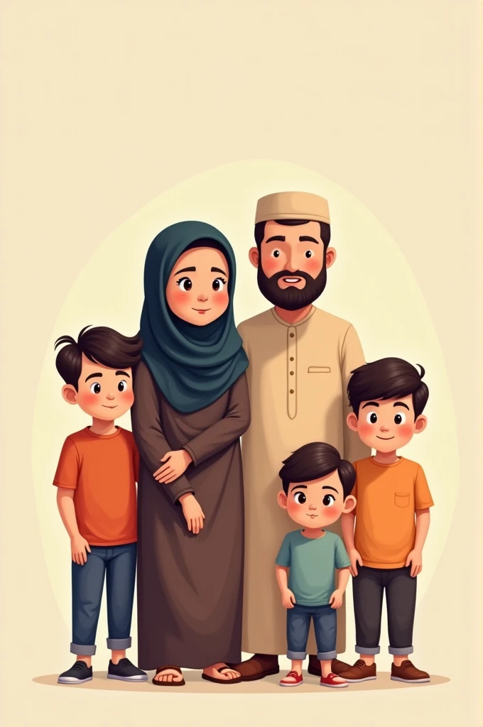 ((best quality)), ((masterpiece)), (detailed), cute cartoon An asian muslim family consisting of a father and mother with their three sons. Two toddlers and a baby. The first son is , the second son is 5 years oldhird son is a 4-month-old baby.