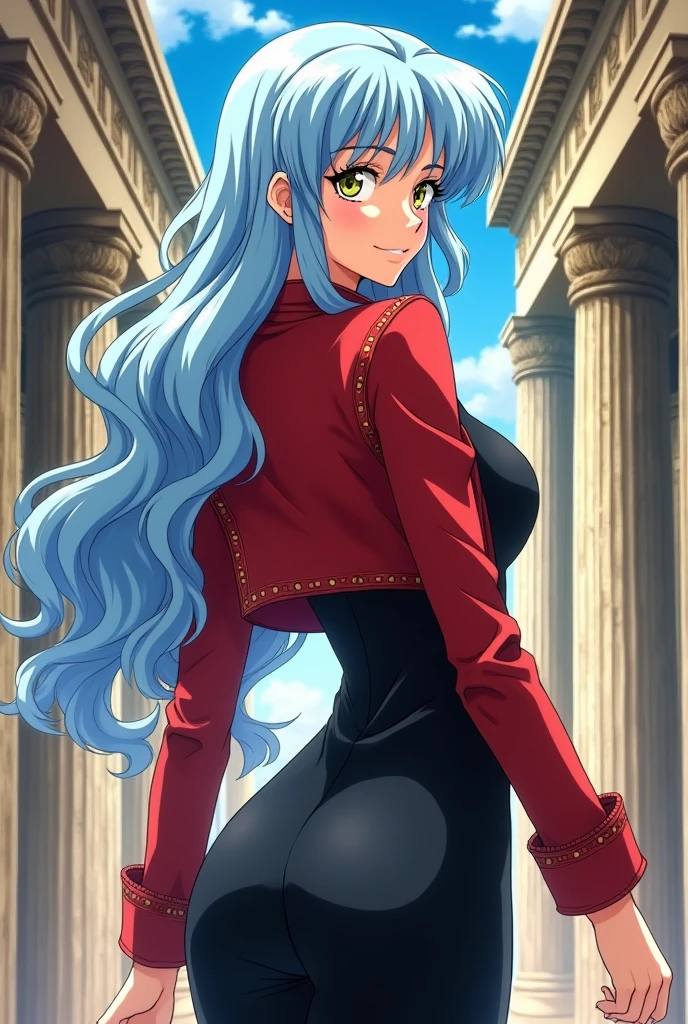 Saint seiya anime style, young adult woman, pale skin, yellow-green eyes, long wavy light blue hair, looking back with curious smile, black dress with red leather jacket, background ancient greek sanctuary