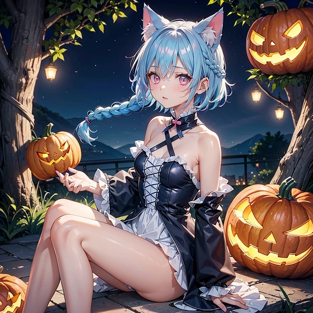 (Sky blue hair),(Braided short hair), (Pink Eyes),Fair skin) ,(whole body),(One Girl),(There are lots of pumpkin ghosts in the background),Cat ear,Cat's Tail,(Sailor suit),(Ahegao),(Fall into Darkness),If you don't give me sweets, I'll play a prank on you.),Halloween Night Party),(masterpiece, Highest quality, Very detailed, Best Shadow), (Detailed Background), (Beautifully detailed face), High Contrast, (Best lighting, Very delicate and beautiful), ((Cinematic Light)), Hyper Detail,8k, Dramatic Light, Intricate details,night,(Bats flying in the background),High quality