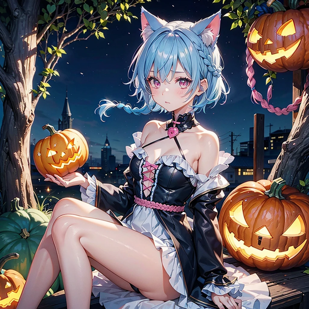 (Sky blue hair),(Braided short hair), (Pink Eyes),Fair skin) ,(whole body),(One Girl),(There are lots of pumpkin ghosts in the background),Cat ear,Cat's Tail,(Sailor suit),(Ahegao),(Fall into Darkness),If you don't give me sweets, I'll play a prank on you.),Halloween Night Party),(masterpiece, Highest quality, Very detailed, Best Shadow), (Detailed Background), (Beautifully detailed face), High Contrast, (Best lighting, Very delicate and beautiful), ((Cinematic Light)), Hyper Detail,8k, Dramatic Light, Intricate details,night,(Bats flying in the background),High quality
