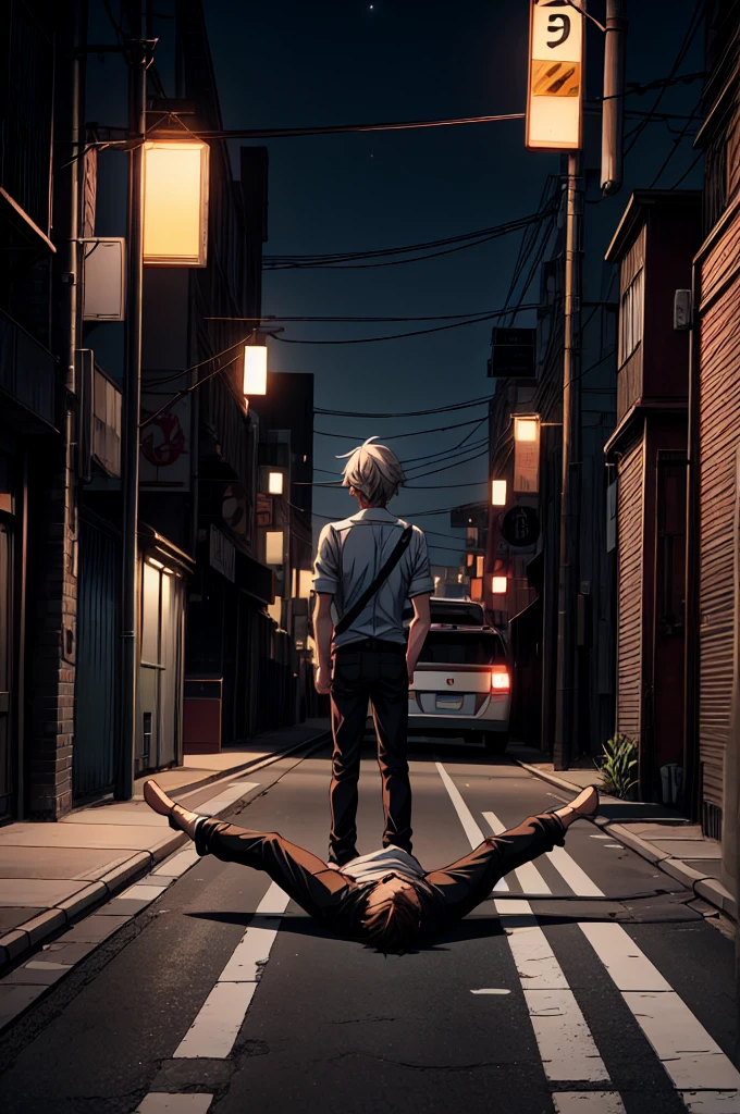 A 25 year old boy is lying in the middle of an empty street at night and boy's behind stand car' back light 'on', UHD, 4K, ULTRA HD, RAW PHOTO, ANIME,