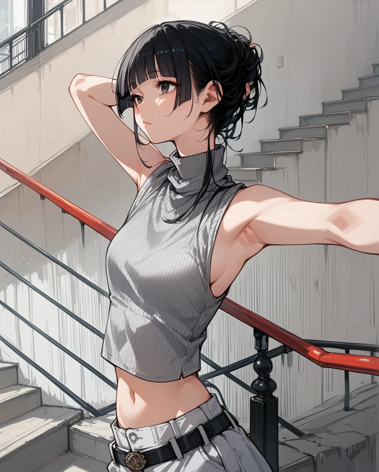 Asian woman in grey top and black pants posing on stairs, Sleeveless turtleneck, セクシーなWearing a crop top, Photo of slim girl model, Chiho, T-Top, shikamimi, Wearing a crop top, Real life anime girls, Kurohime cut hair, This is Junji's style., Shashi, 2 4-year-old female model
