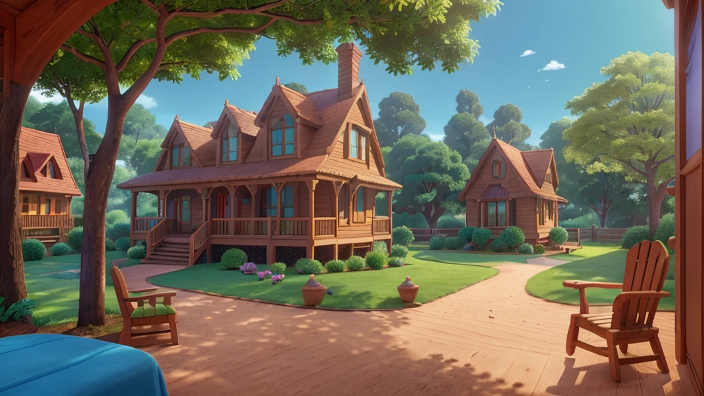 A 3D Disney Pixar cartoon style house, highy detailed, focus on the window of a house with a wooden porch brown wooden house blue roof, grama verde, tree next to the image, sharp focus, highy detailed