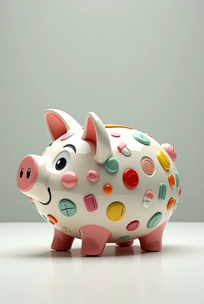 piggy bank with a design of medicines and pills on its body 