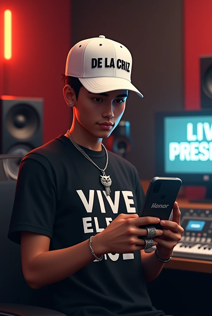 A young man with a white cap and black letters that say DE LA CRUZ With a black t-shirt and white letters that say JM DELACRUZ In a recording studio with a computer that says VIVE EL PRESENTE And a cell phone in his hand, a brand Honor And also with a chain of a 3D cross and a ring with an owl design
