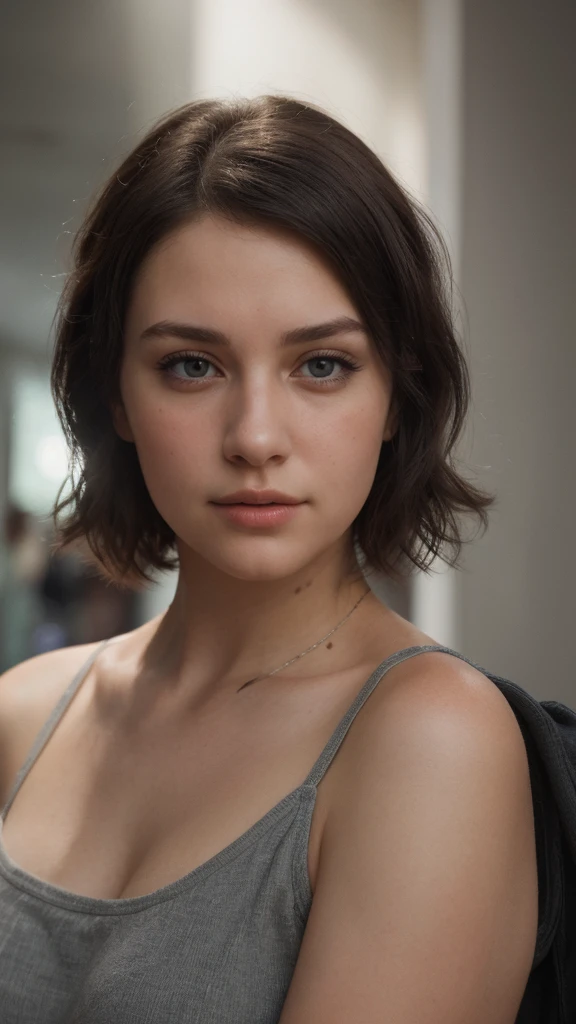 a beautiful young woman with short dark hair, going to the mall, detailed face, photorealistic, ultra-detailed, 8k, realistic, masterpiece, studio lighting, vibrant colors, warm lighting