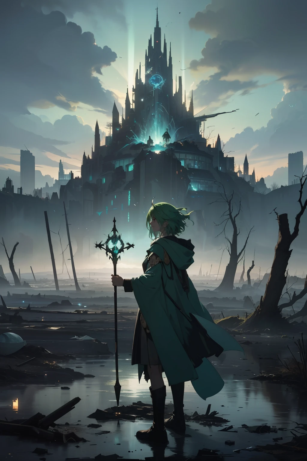 mage girl, green hair, magical, wizard hat, greeneyes, magical tree staff destroyed world landscape, junk, Undoing, Action painting, uhd, high details, best quality a hooded wizard girl, floating above a devastated landscape. The ground is covered in trash and rubble, with building debris in the background. The sky is cloudy and dark, Reflecting the desolation below. The Magus, with an expression of sadness, carefully observe the destruction, holding a glowing staff that emits a faint bluish light. Plastic pieces, bottles, and other waste are scattered everywhere. over the horizon, silhouettes of dead trees and polluted rivers can be seen. Modern city, lights, skyscrapers