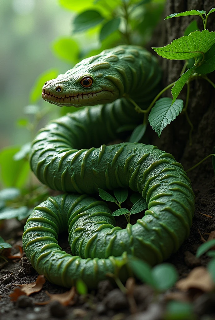 Intusion of green leaves in a worm