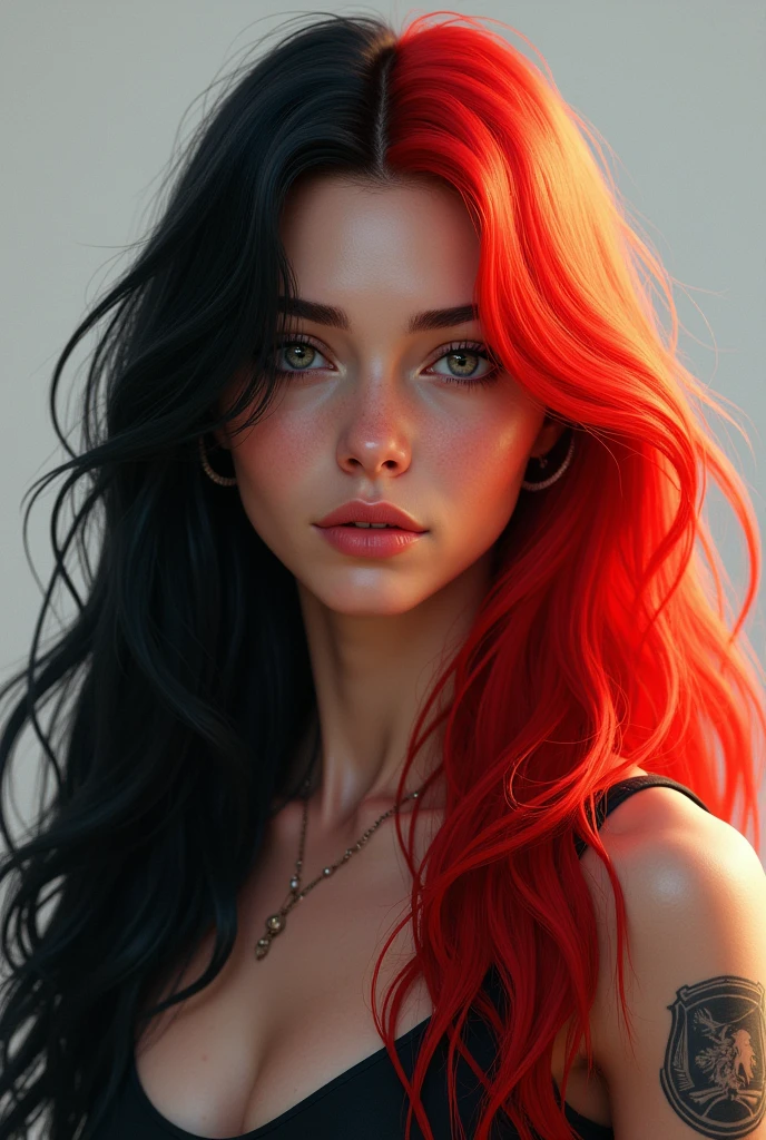 You can create an image of a white girl from call of duty with half black and half red hair and long