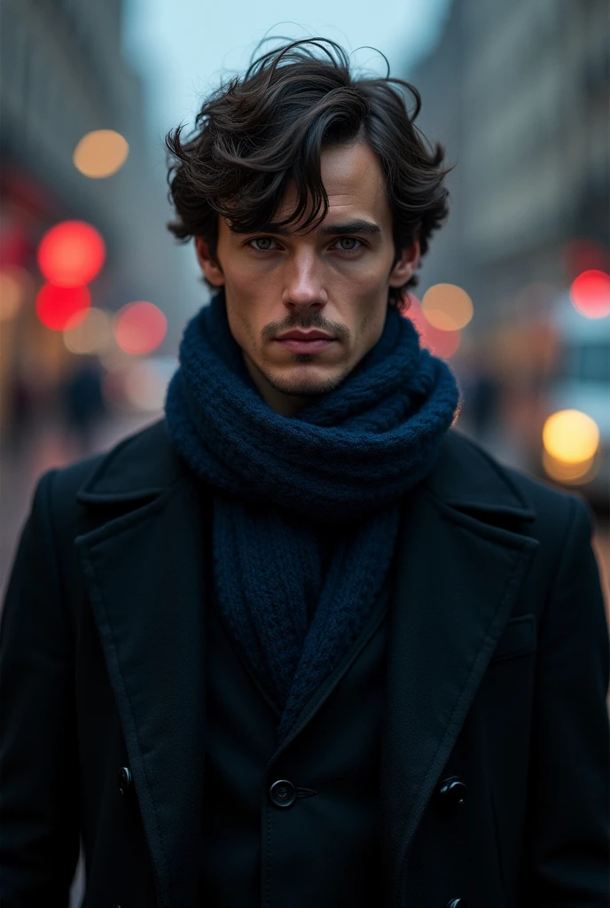 Scherlock Holmes from the BBC series Scherlock facing forward, loosening his scarf in a sexy way, looking forward,London city background and Scherlock is wearing a black overcoat and dark blue scarf he is beardless he looks to be 20 years old handsome sexy,sensual and irresistible